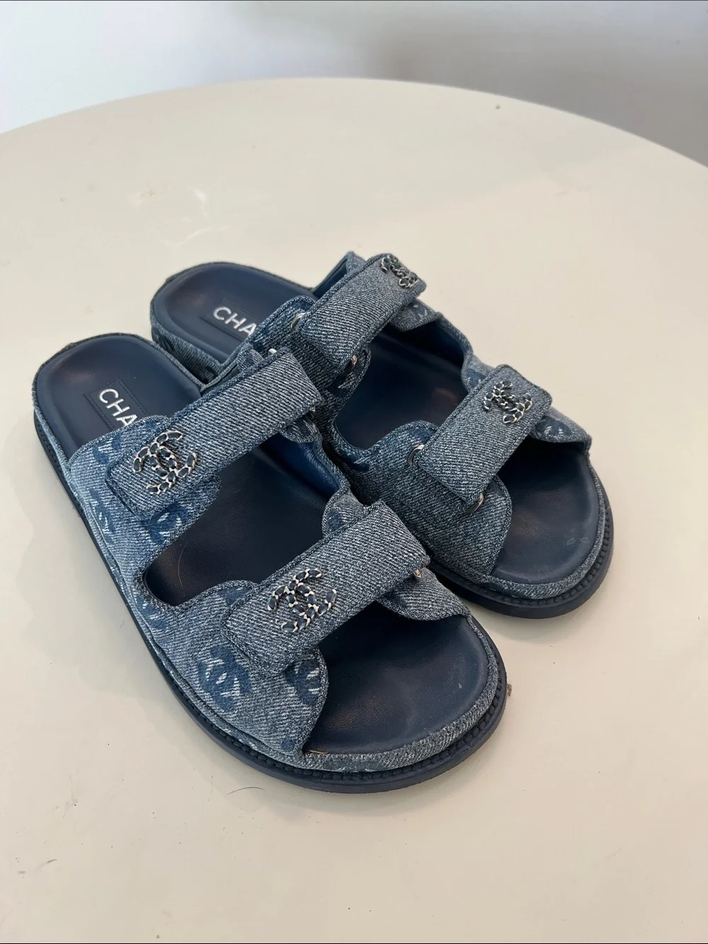 CHANEL Girls Denim Double-Strap Slide Sandals in Navy